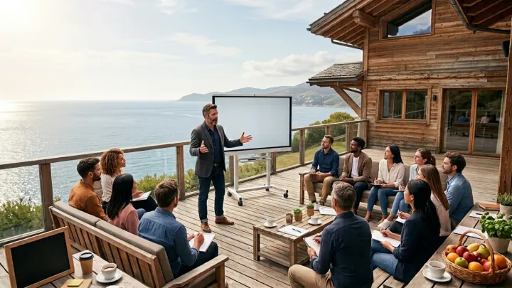 A trainer addressing a seated group on an open-air terrace above the sea