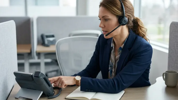 A consultant at her desk taking a client call with a headset