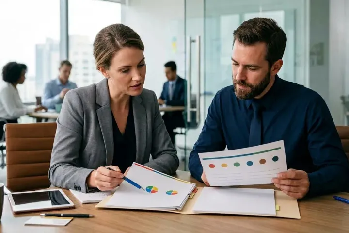 Two colleagues at a desk compare colour-coded profile charts, a mug and a tablet beside them