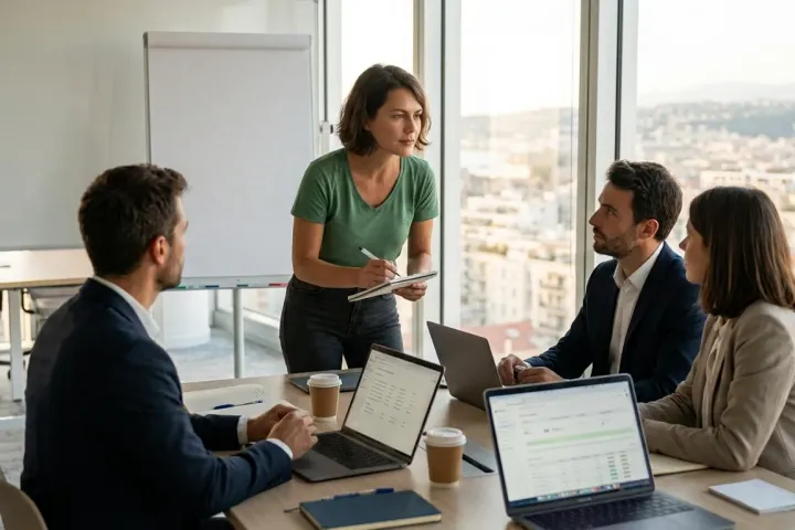 A woman standing with a notepad listens to three colleagues seated at laptops, in a meeting room with a view over the city